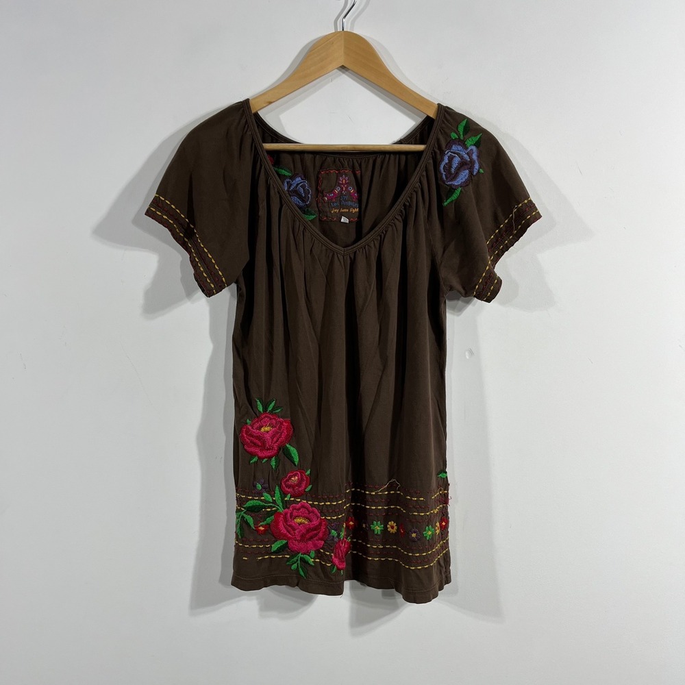 Johnny Was LA Boho Artsy Brown Embroidered Floral Peasant Top Womens Small Retro